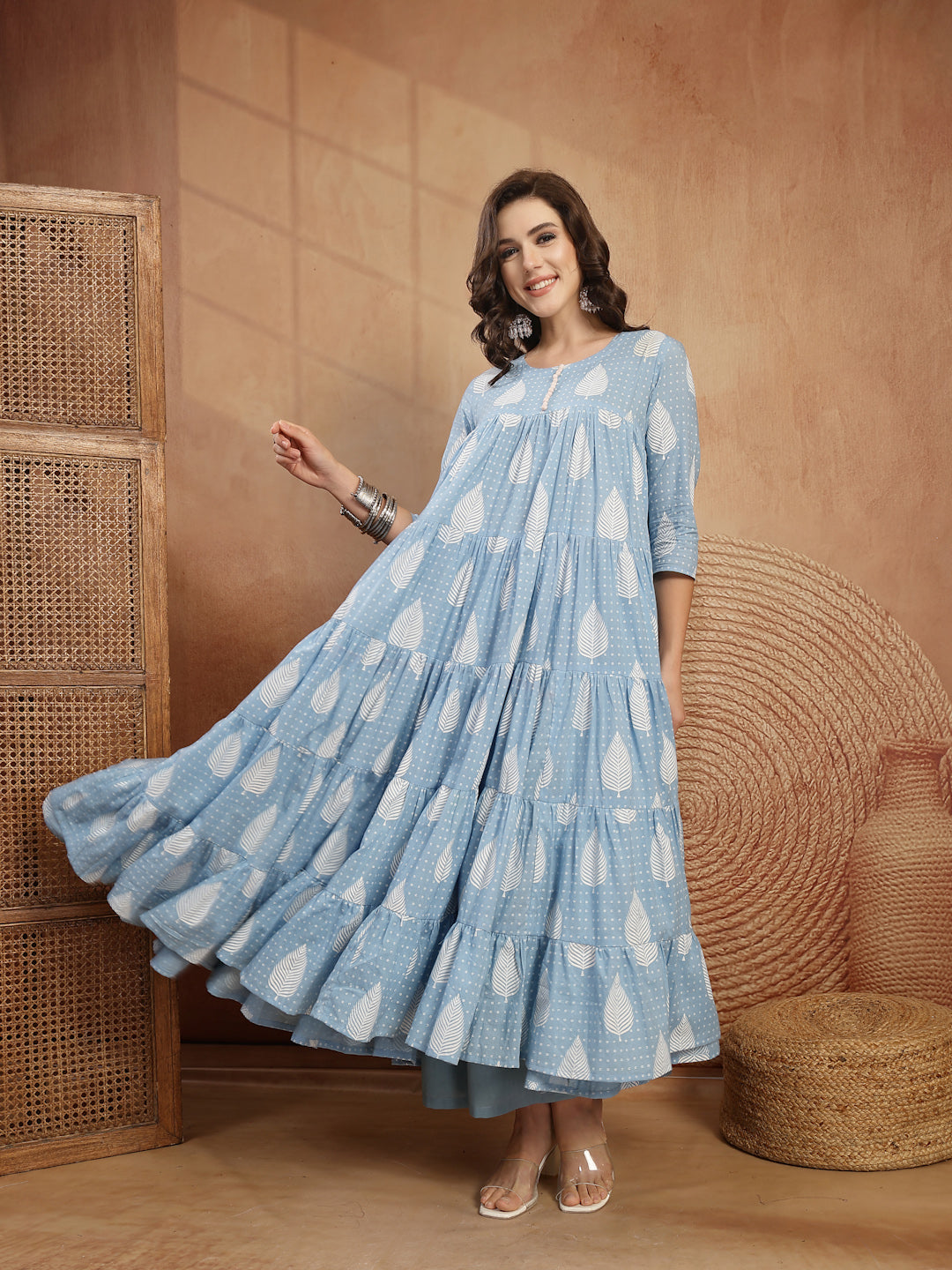 Cotton Calf Length Printed 3/4 Sleeve Round Neck Flared Kurta Suit Set