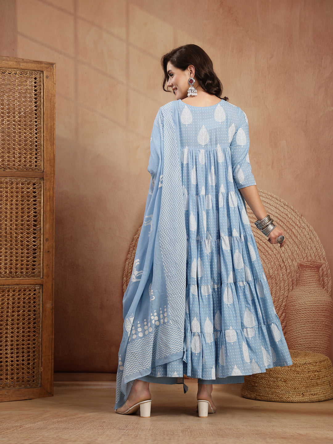 Cotton Calf Length Printed 3/4 Sleeve Round Neck Flared Kurta Suit Set