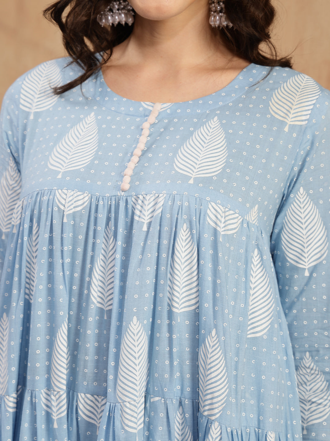 Cotton Calf Length Printed 3/4 Sleeve Round Neck Flared Kurta Suit Set
