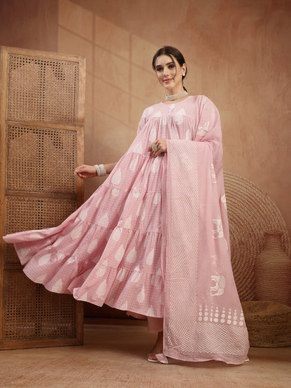 Cotton Calf Length Printed 3/4 Sleeve Round Neck Flared Kurta Suit Set