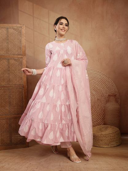 Cotton Calf Length Printed 3/4 Sleeve Round Neck Flared Kurta Suit Set