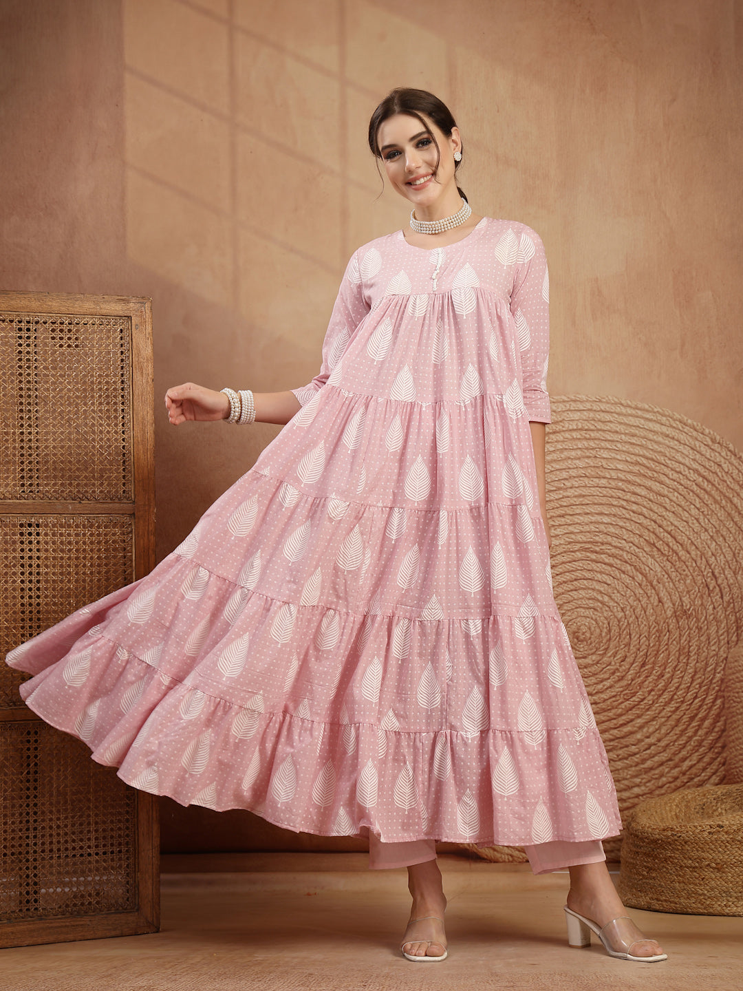 Cotton Calf Length Printed 3/4 Sleeve Round Neck Flared Kurta Suit Set