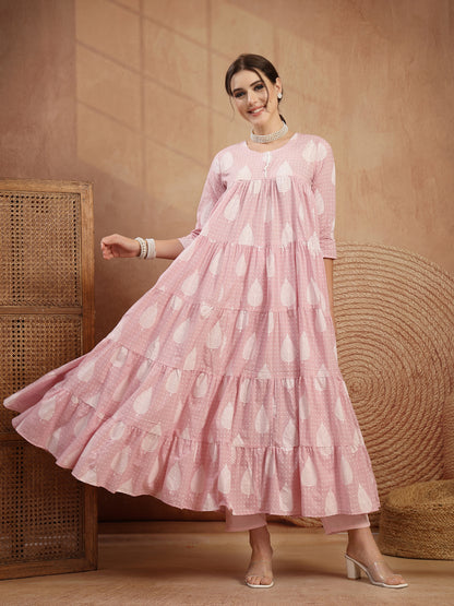Cotton Calf Length Printed 3/4 Sleeve Round Neck Flared Kurta Suit Set