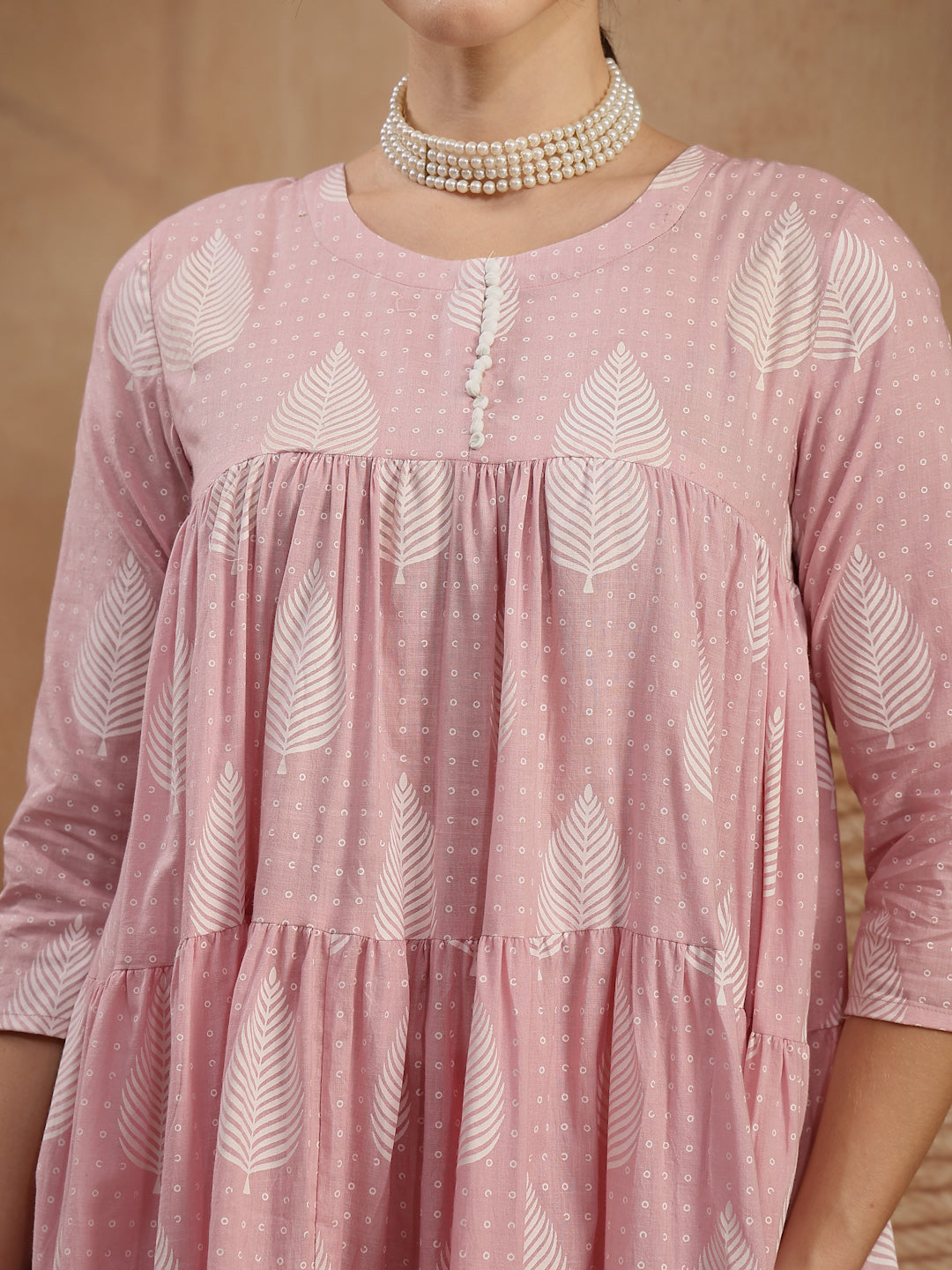 Cotton Calf Length Printed 3/4 Sleeve Round Neck Flared Kurta Suit Set