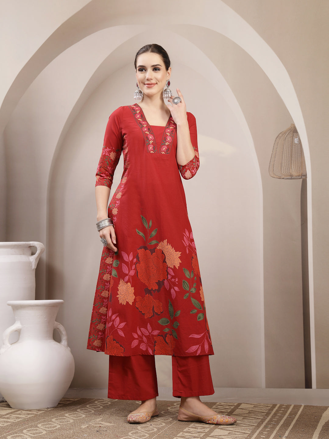 Rayon Calf Length Printed 3/4 Sleeve V-Neck A-Line Kurta Suit Set