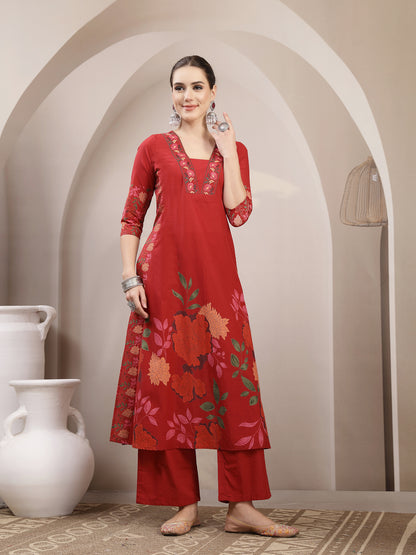 Rayon Calf Length Printed 3/4 Sleeve V-Neck A-Line Kurta Suit Set