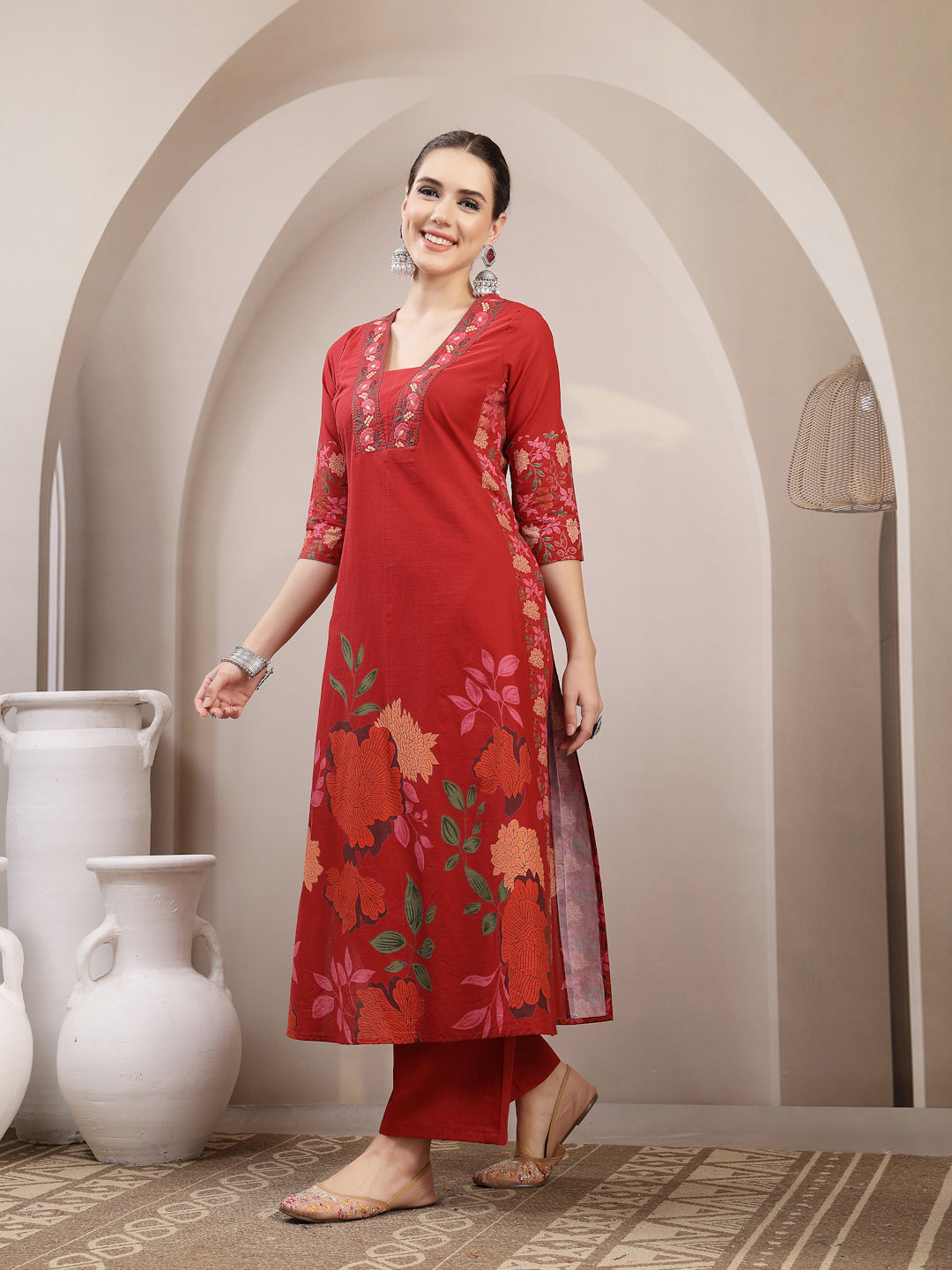 Rayon Calf Length Printed 3/4 Sleeve V-Neck A-Line Kurta Suit Set