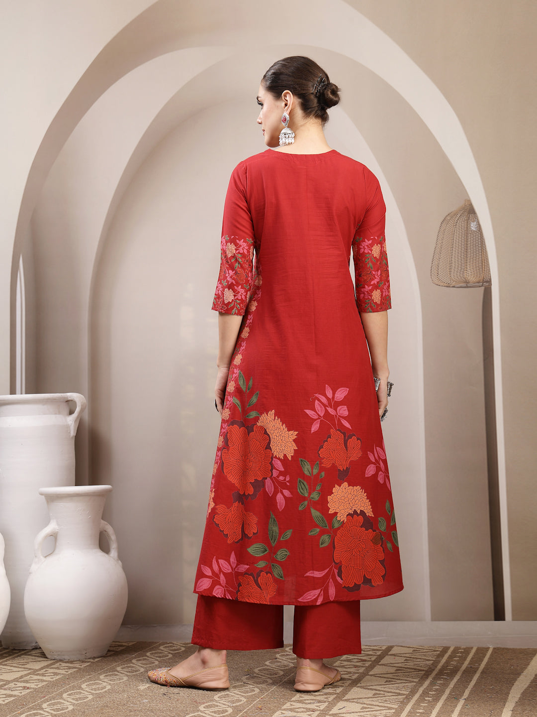Rayon Calf Length Printed 3/4 Sleeve V-Neck A-Line Kurta Suit Set