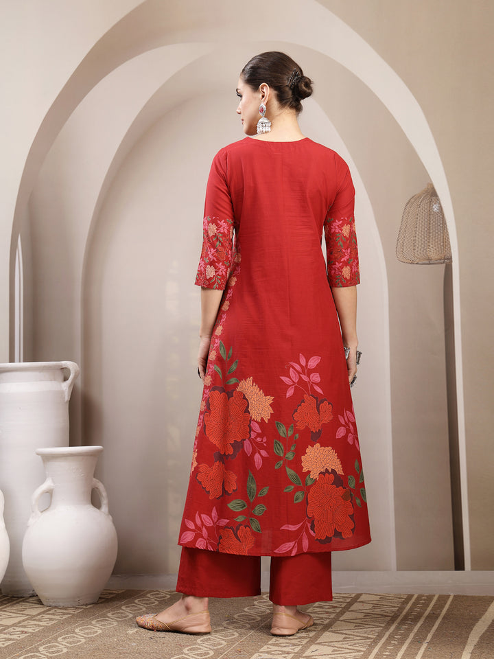 Rayon Calf Length Printed 3/4 Sleeve V-Neck A-Line Kurta Suit Set