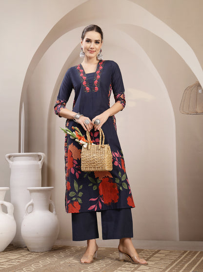 Rayon Calf Length Printed 3/4 Sleeve V-Neck A-Line Kurta Suit Set