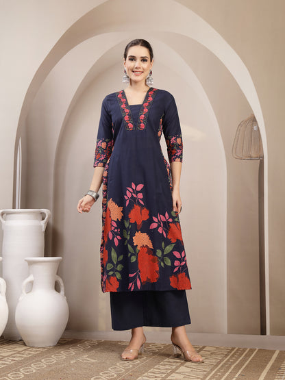 Rayon Calf Length Printed 3/4 Sleeve V-Neck A-Line Kurta Suit Set