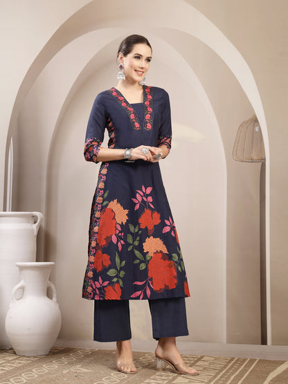 Rayon Calf Length Printed 3/4 Sleeve V-Neck A-Line Kurta Suit Set