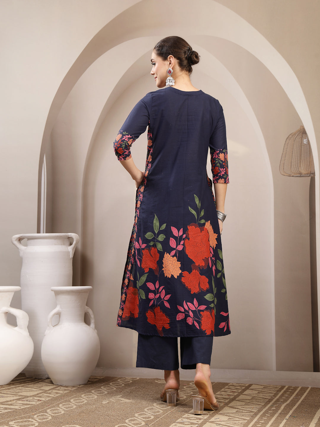 Rayon Calf Length Printed 3/4 Sleeve V-Neck A-Line Kurta Suit Set