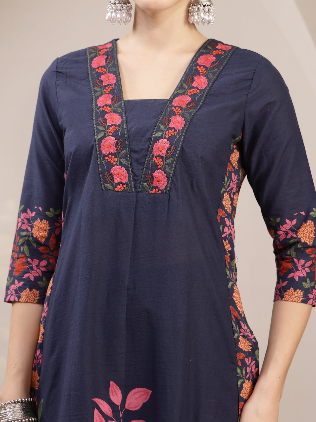 Rayon Calf Length Printed 3/4 Sleeve V-Neck A-Line Kurta Suit Set