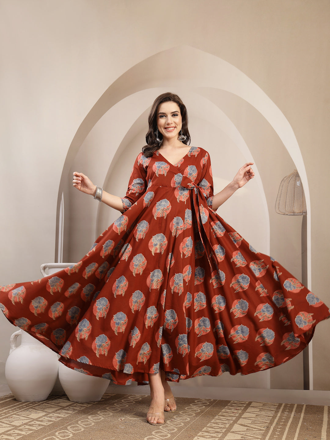 Cotton Calf Length Printed 3/4 Sleeve V-Neck Flared Kurta