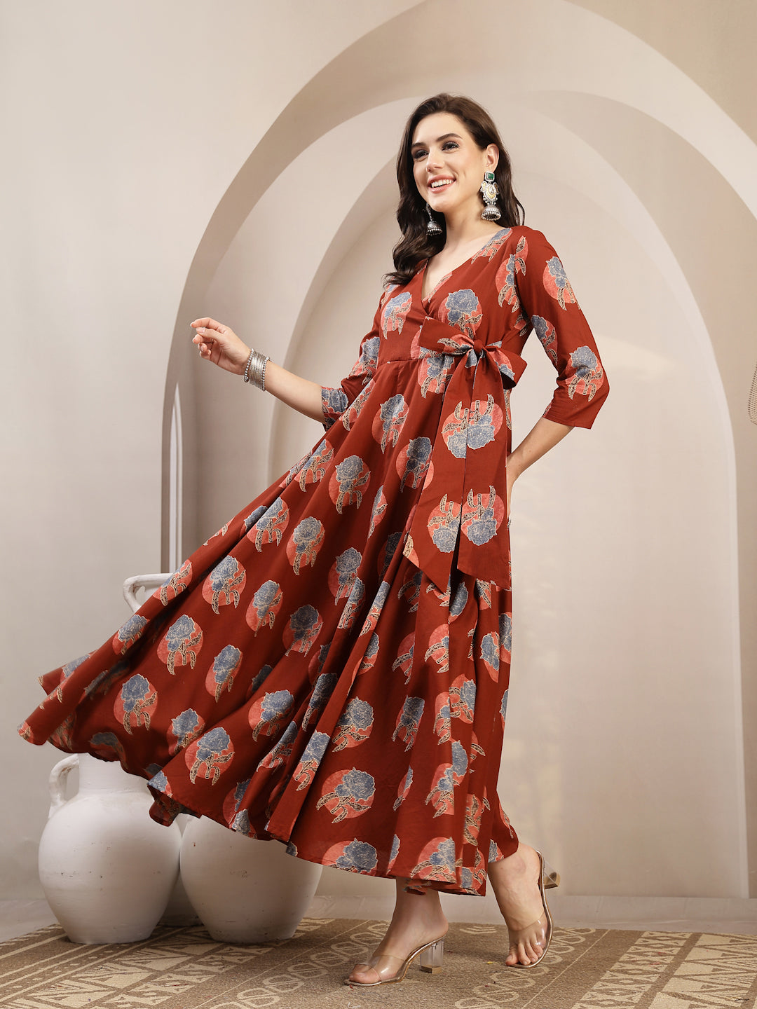 Cotton Calf Length Printed 3/4 Sleeve V-Neck Flared Kurta