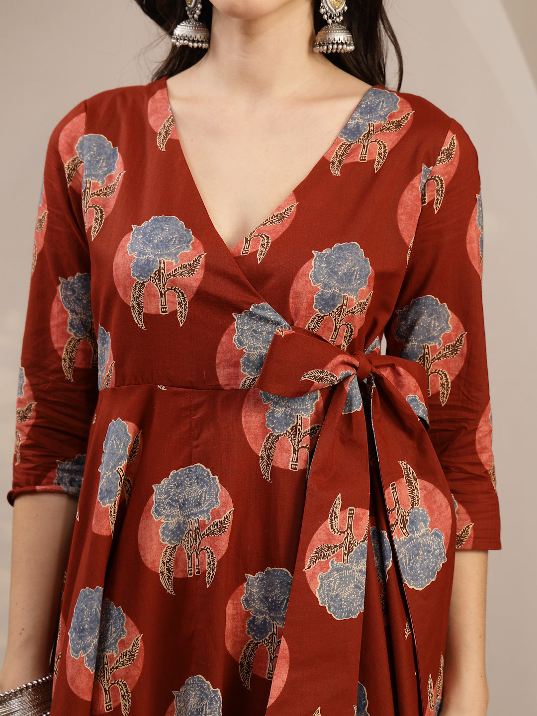 Cotton Calf Length Printed 3/4 Sleeve V-Neck Flared Kurta