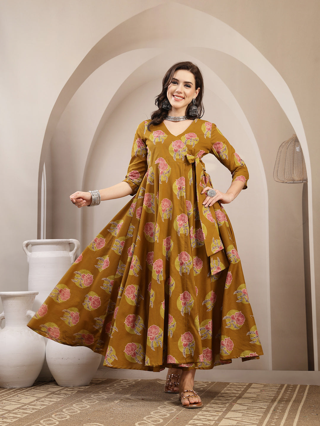 Cotton Calf Length Printed 3/4 Sleeve V-Neck Flared Kurta