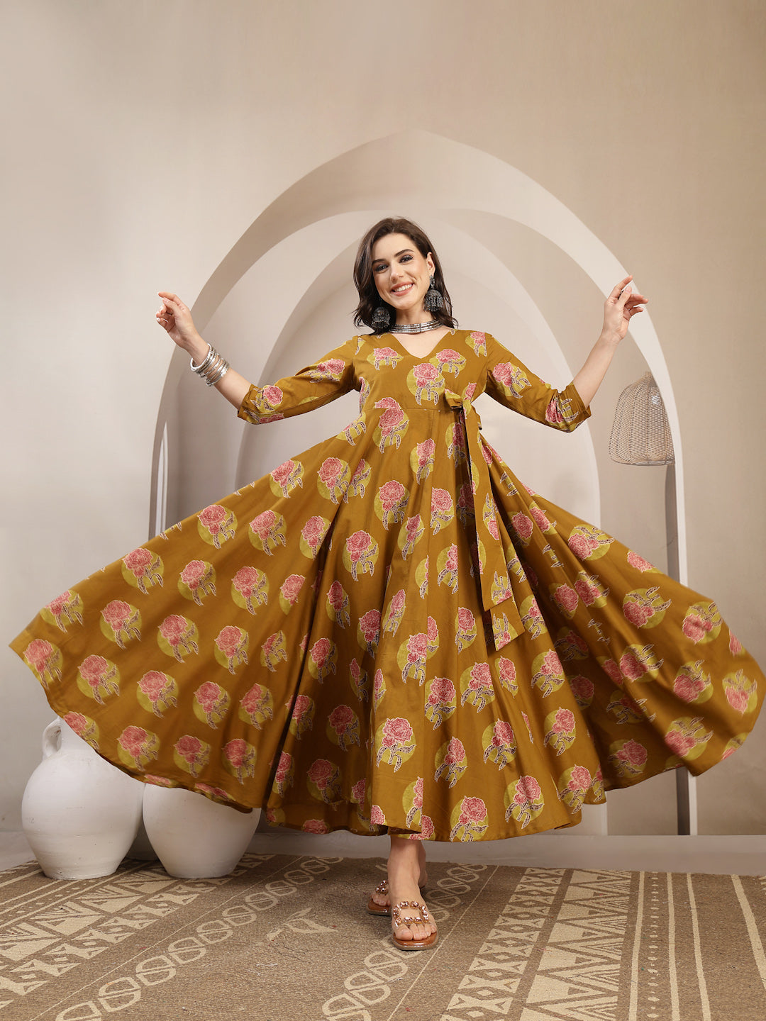Cotton Calf Length Printed 3/4 Sleeve V-Neck Flared Kurta
