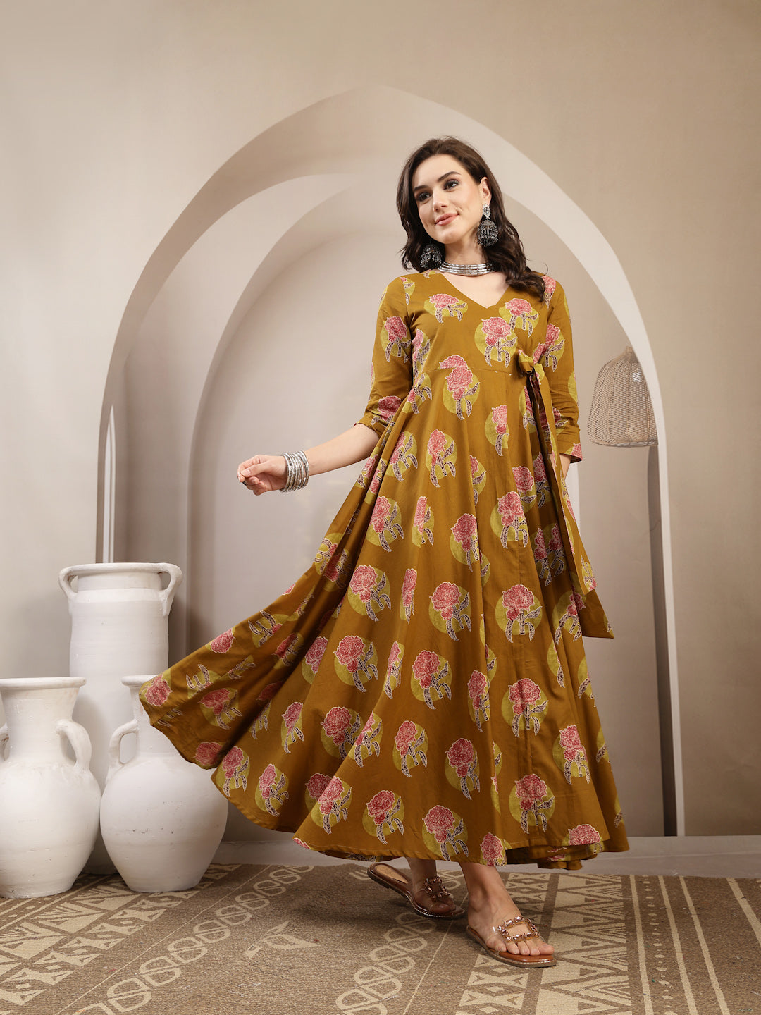Cotton Calf Length Printed 3/4 Sleeve V-Neck Flared Kurta