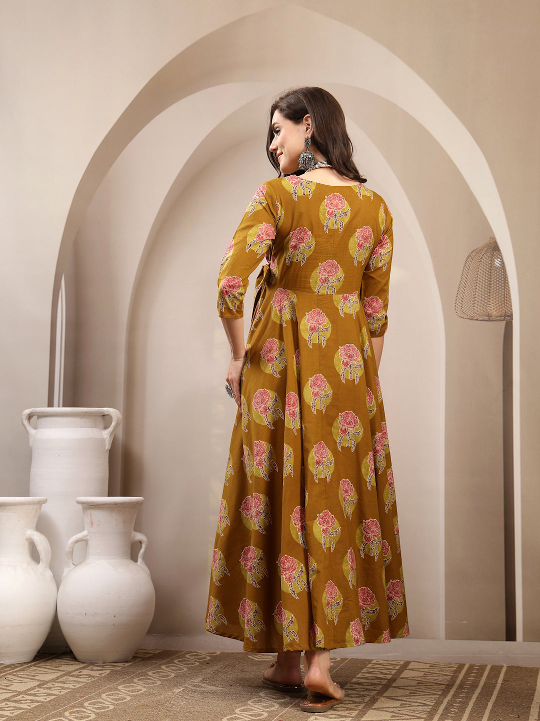 Cotton Calf Length Printed 3/4 Sleeve V-Neck Flared Kurta