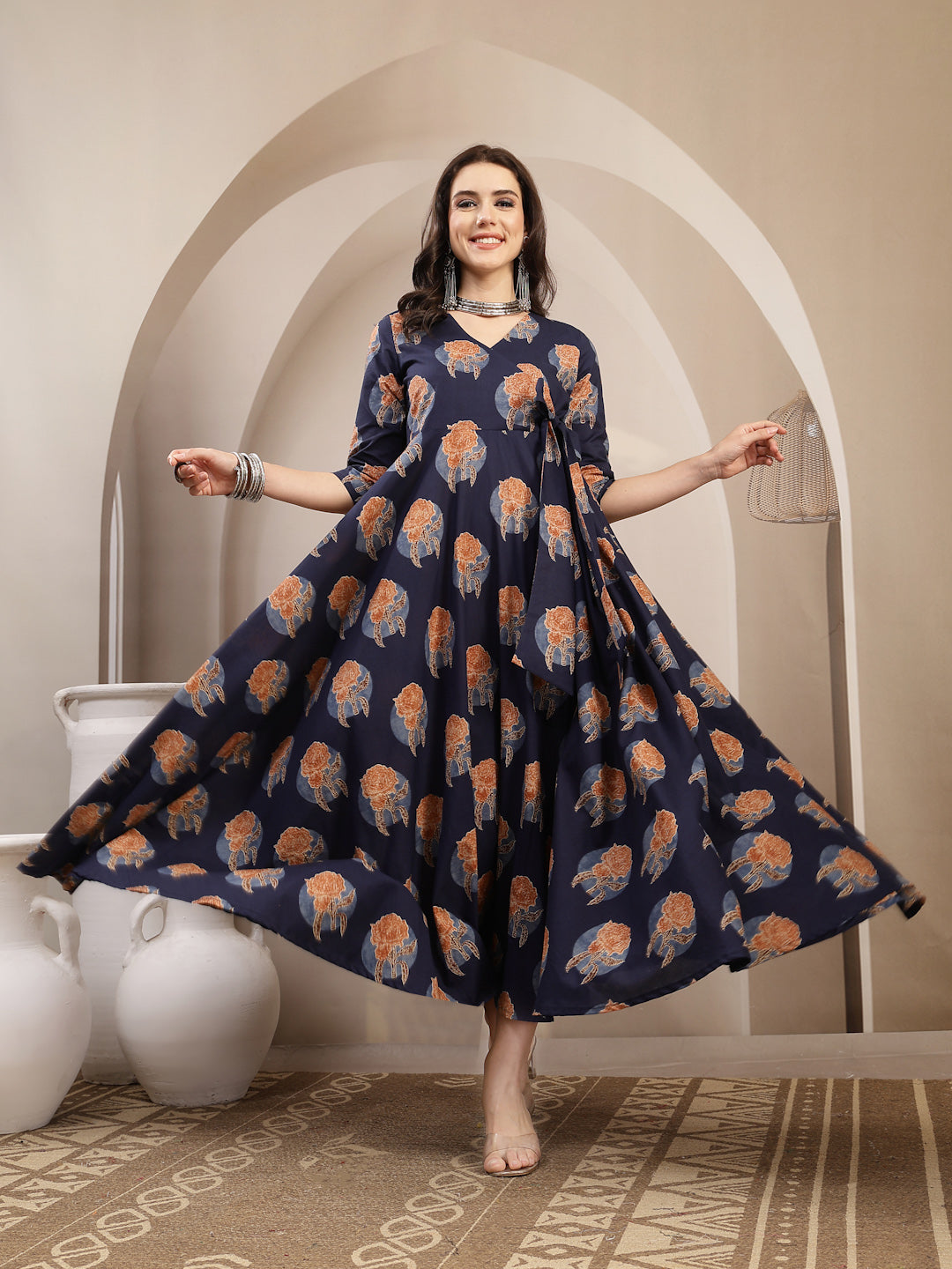 Cotton Calf Length Printed 3/4 Sleeve V-Neck Flared Kurta