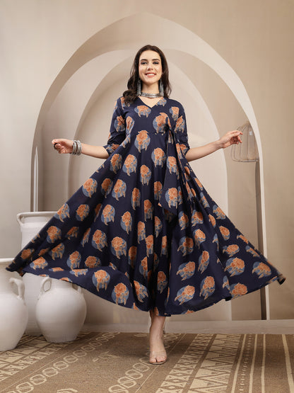 Cotton Calf Length Printed 3/4 Sleeve V-Neck Flared Kurta