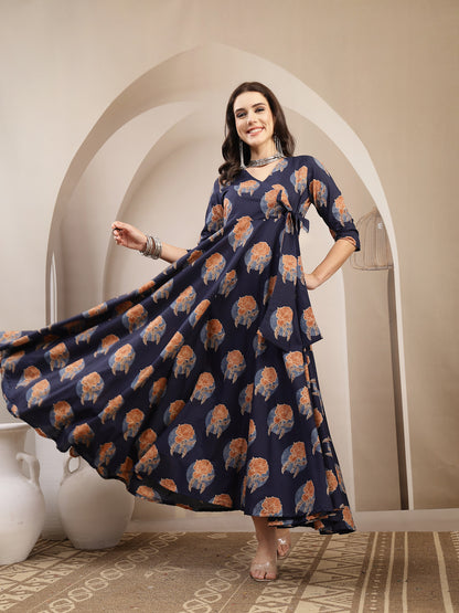 Cotton Calf Length Printed 3/4 Sleeve V-Neck Flared Kurta