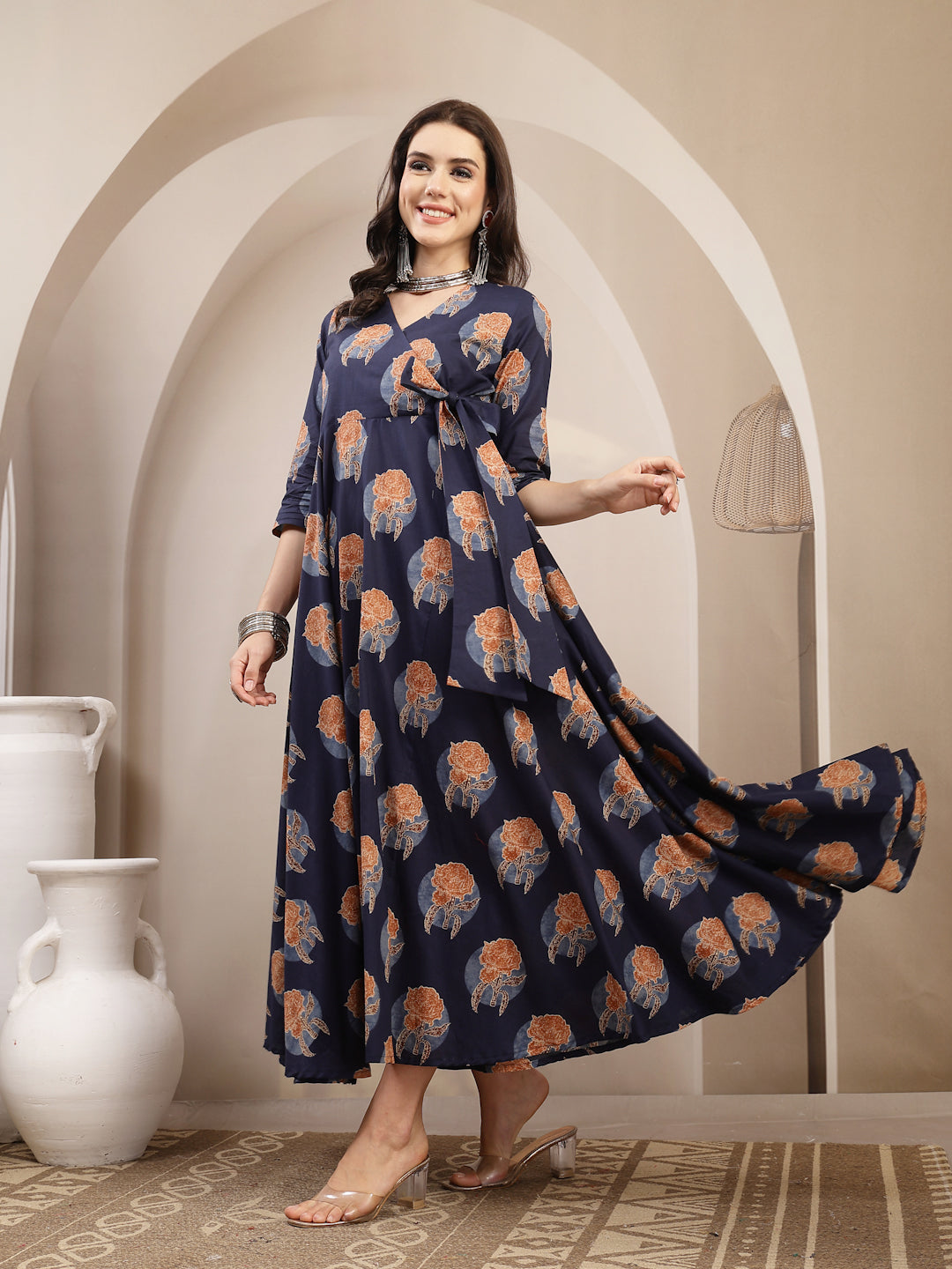Cotton Calf Length Printed 3/4 Sleeve V-Neck Flared Kurta