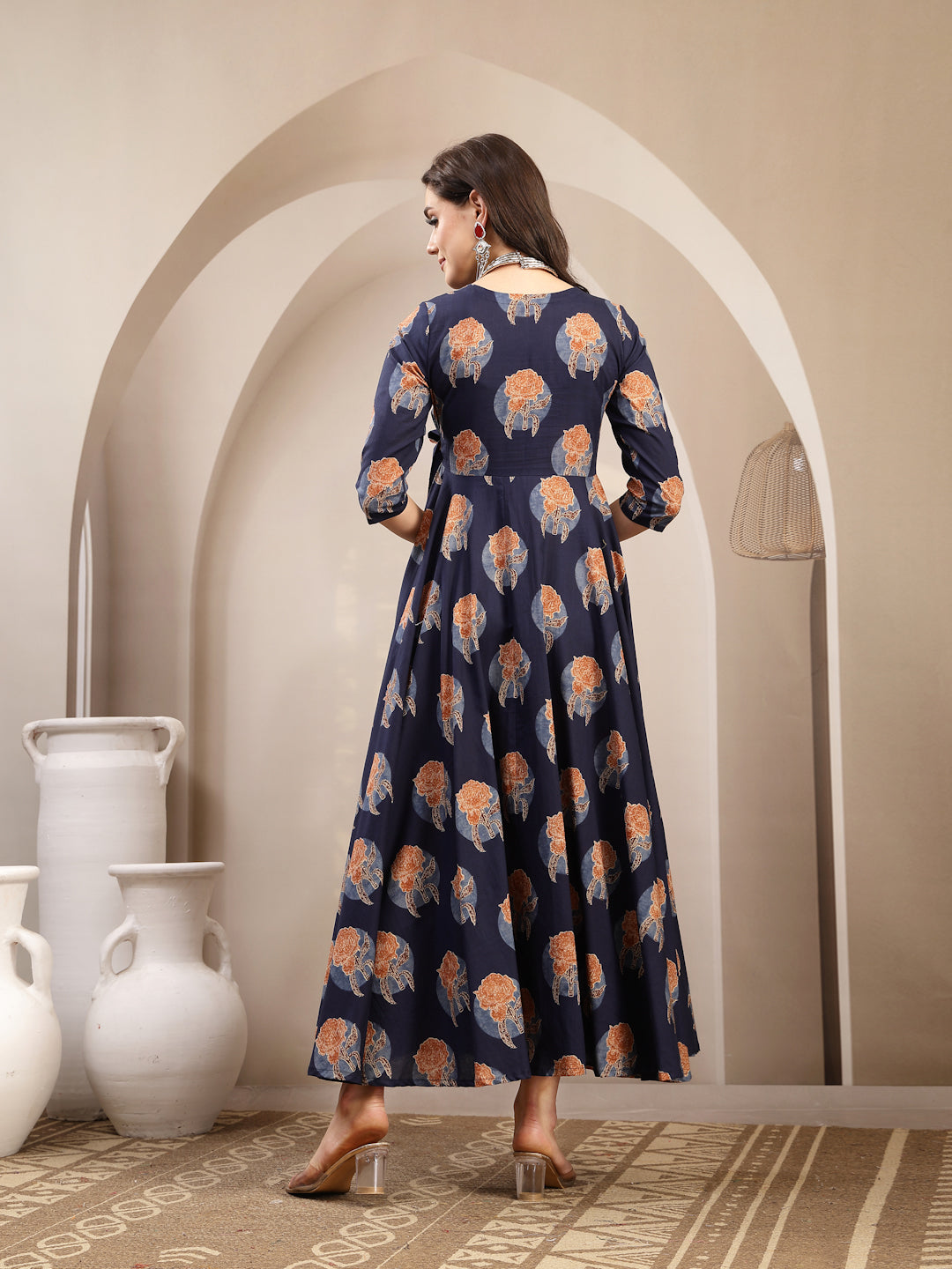Cotton Calf Length Printed 3/4 Sleeve V-Neck Flared Kurta