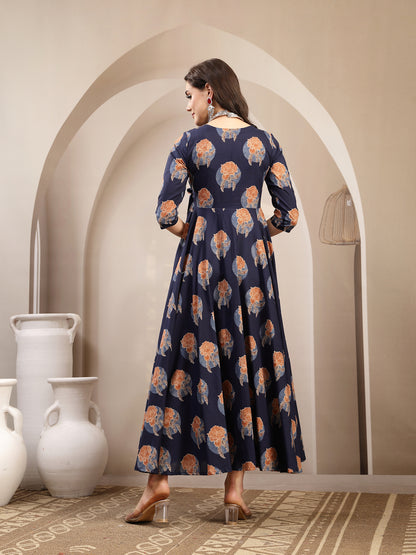 Cotton Calf Length Printed 3/4 Sleeve V-Neck Flared Kurta