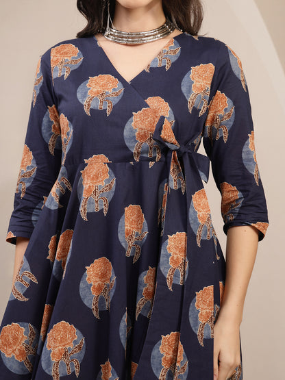 Cotton Calf Length Printed 3/4 Sleeve V-Neck Flared Kurta