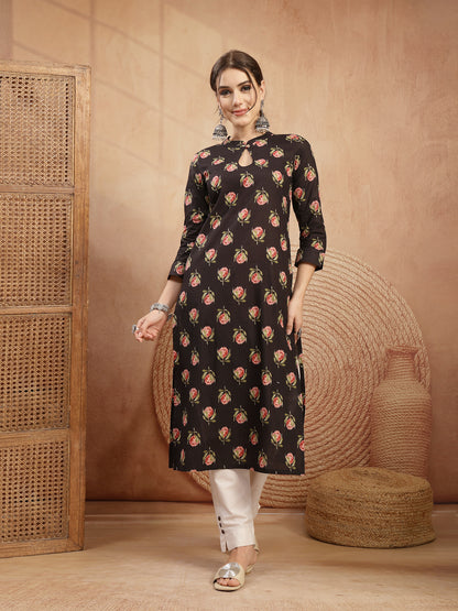 Rayon Calf Length Printed 3/4 Sleeve Key Hole Neck Straight Kurta