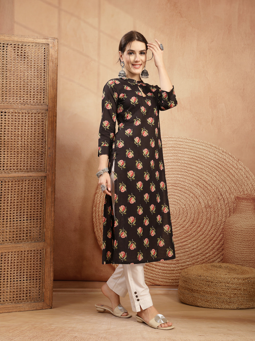 Rayon Calf Length Printed 3/4 Sleeve Key Hole Neck Straight Kurta