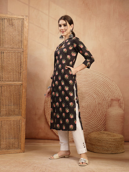 Rayon Calf Length Printed 3/4 Sleeve Key Hole Neck Straight Kurta