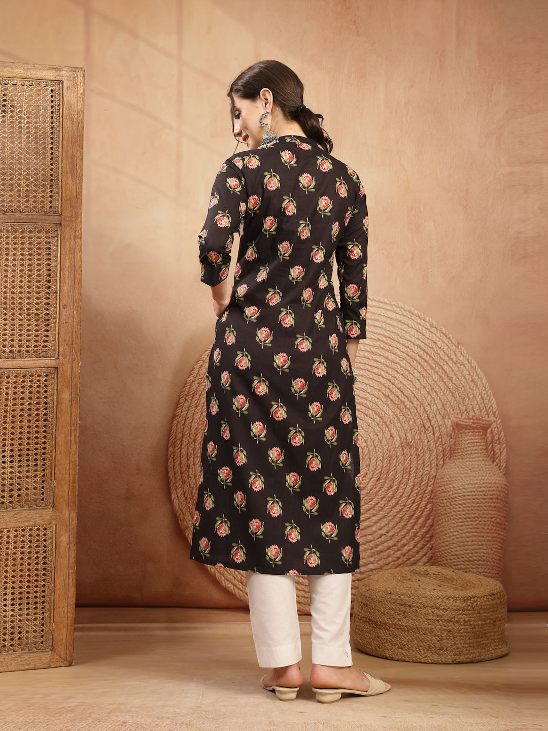 Rayon Calf Length Printed 3/4 Sleeve Key Hole Neck Straight Kurta