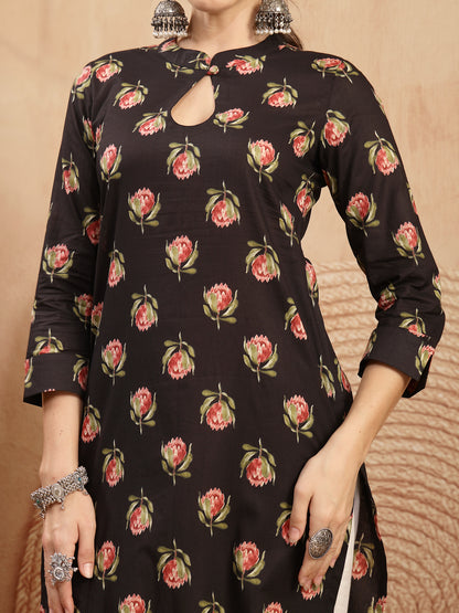 Rayon Calf Length Printed 3/4 Sleeve Key Hole Neck Straight Kurta