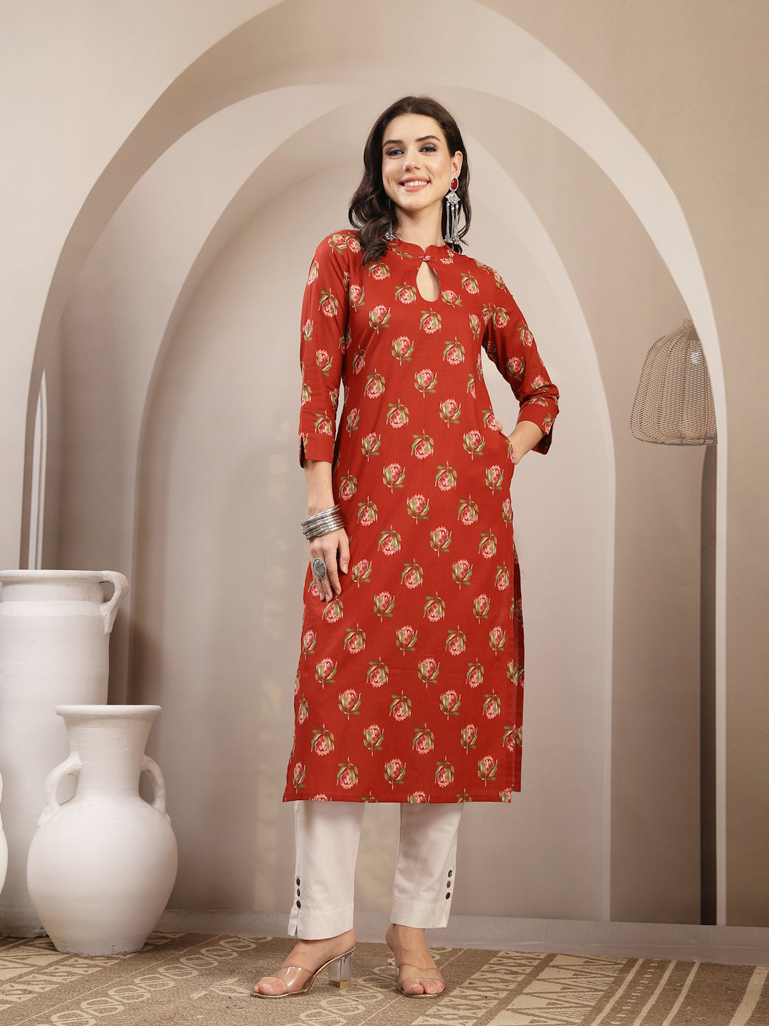 Rayon Calf Length Printed 3/4 Sleeve Key Hole Neck Straight Kurta