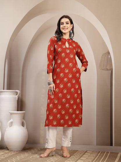 Rayon Calf Length Printed 3/4 Sleeve Key Hole Neck Straight Kurta