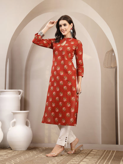 Rayon Calf Length Printed 3/4 Sleeve Key Hole Neck Straight Kurta
