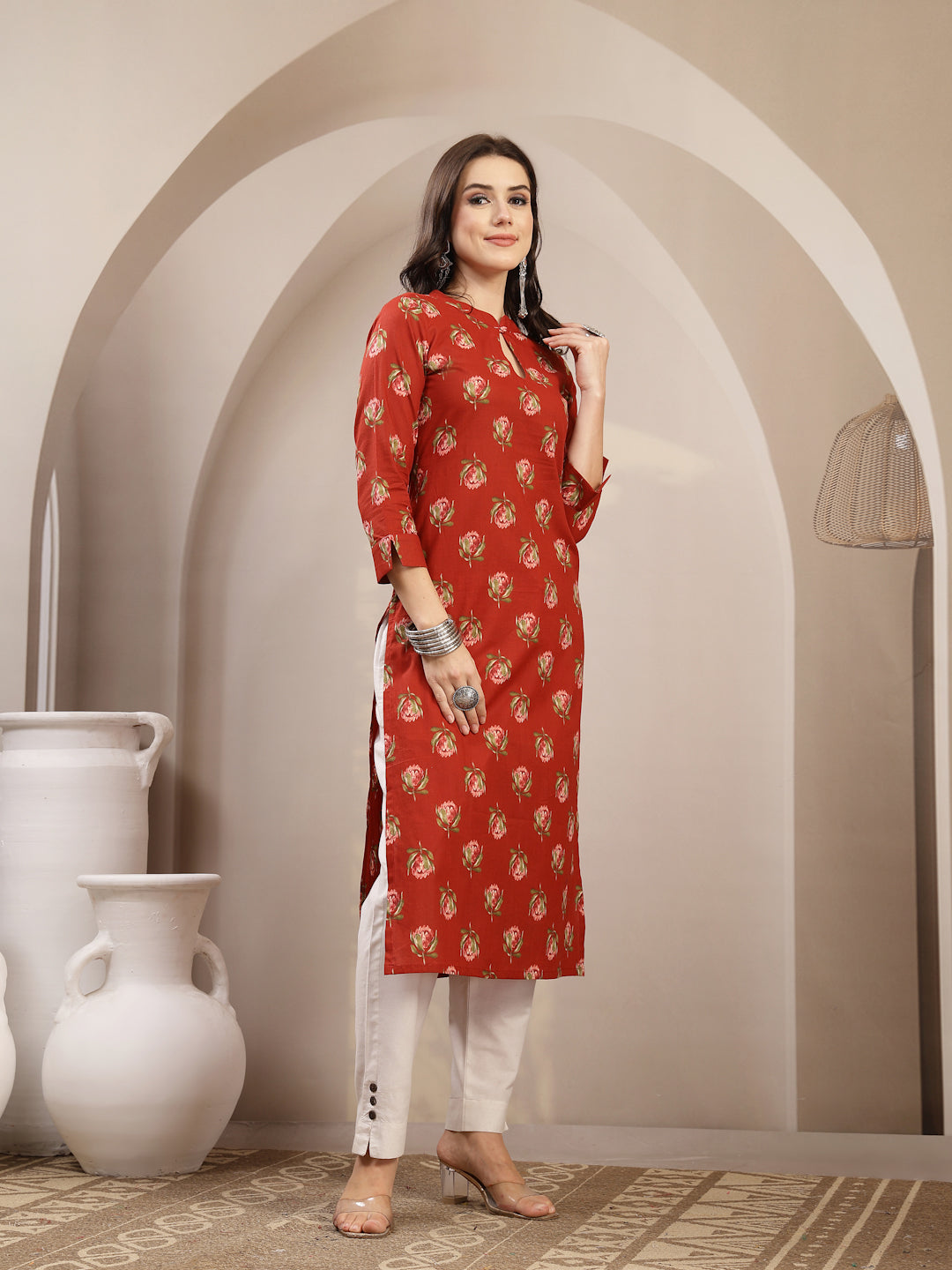 Rayon Calf Length Printed 3/4 Sleeve Key Hole Neck Straight Kurta