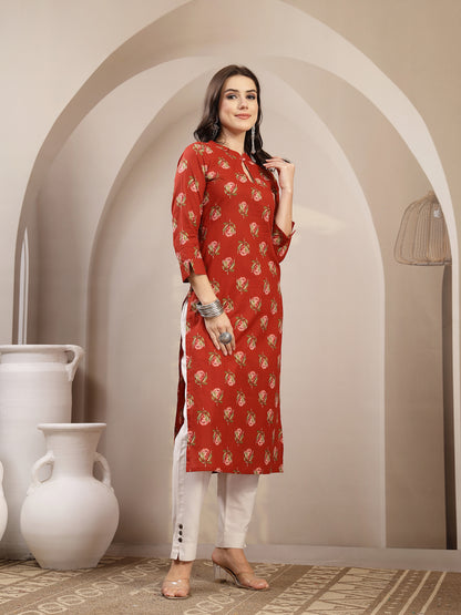 Rayon Calf Length Printed 3/4 Sleeve Key Hole Neck Straight Kurta