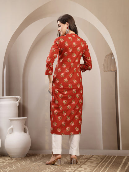 Rayon Calf Length Printed 3/4 Sleeve Key Hole Neck Straight Kurta
