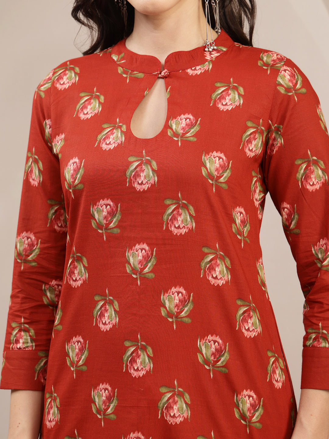 Rayon Calf Length Printed 3/4 Sleeve Key Hole Neck Straight Kurta