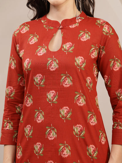 Rayon Calf Length Printed 3/4 Sleeve Key Hole Neck Straight Kurta