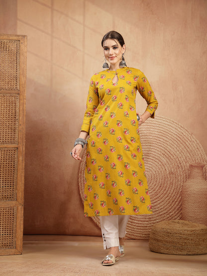 Rayon Calf Length Printed 3/4 Sleeve Key Hole Neck Straight Kurta