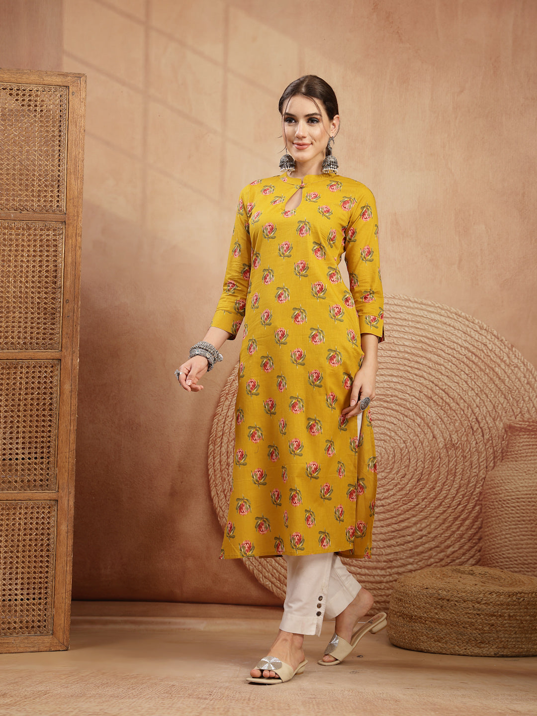 Rayon Calf Length Printed 3/4 Sleeve Key Hole Neck Straight Kurta