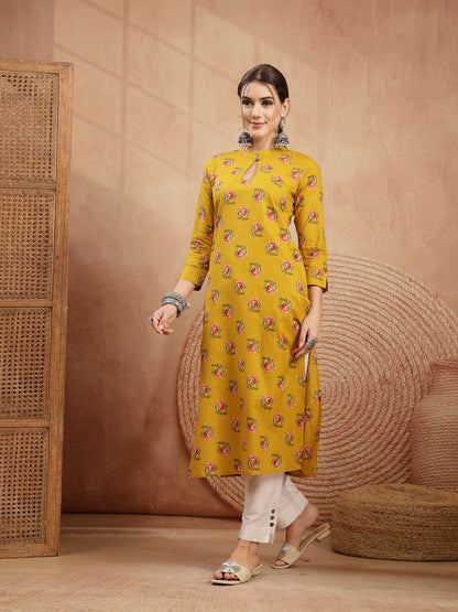 Rayon Calf Length Printed 3/4 Sleeve Key Hole Neck Straight Kurta