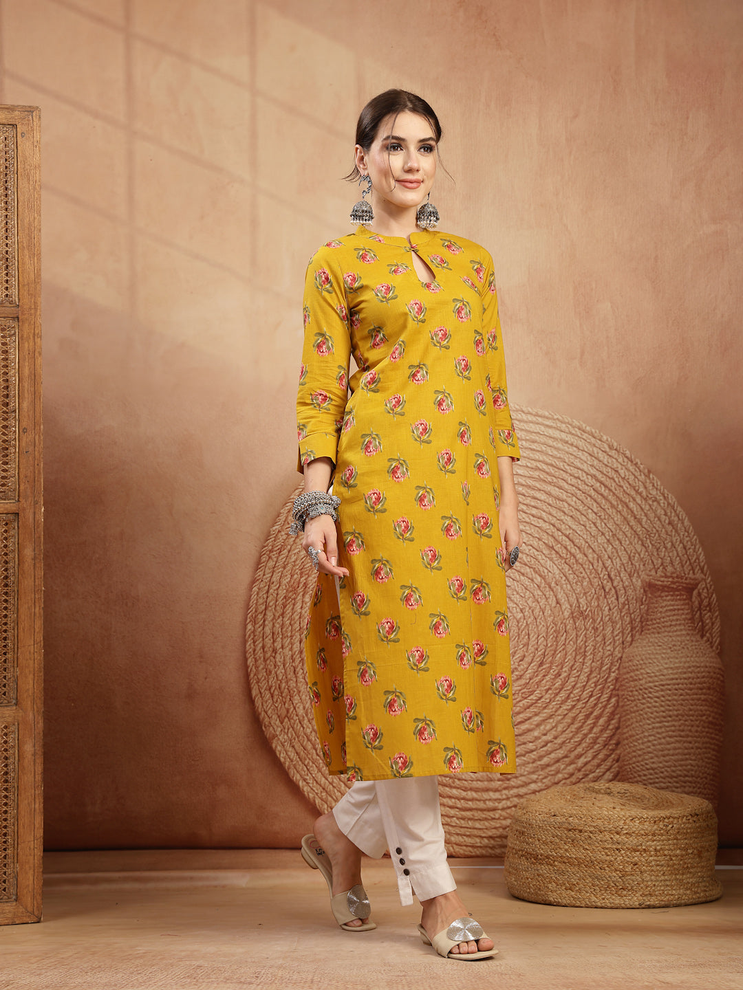 Rayon Calf Length Printed 3/4 Sleeve Key Hole Neck Straight Kurta