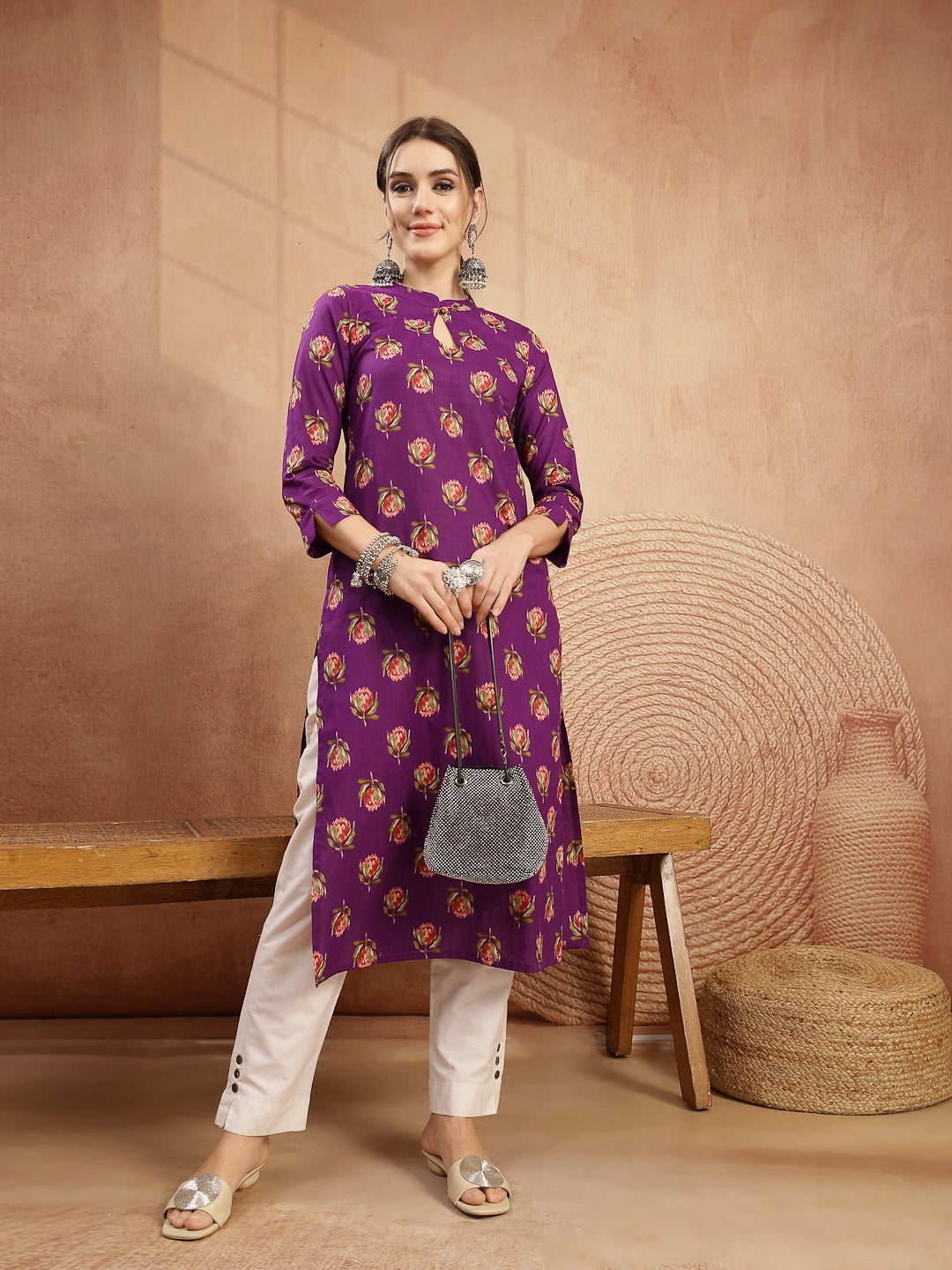 Rayon Calf Length Printed 3/4 Sleeve Key Hole Neck Straight Kurta